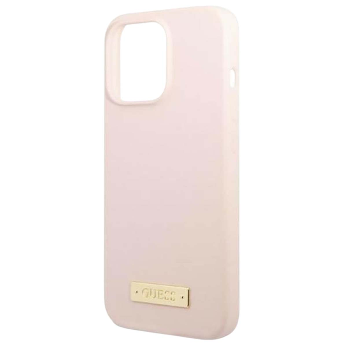 Una custodia per telefono Guess rosa chiaro. Ha un ritaglio per la fotocamera e un piccolo logo Guess dorato in basso.