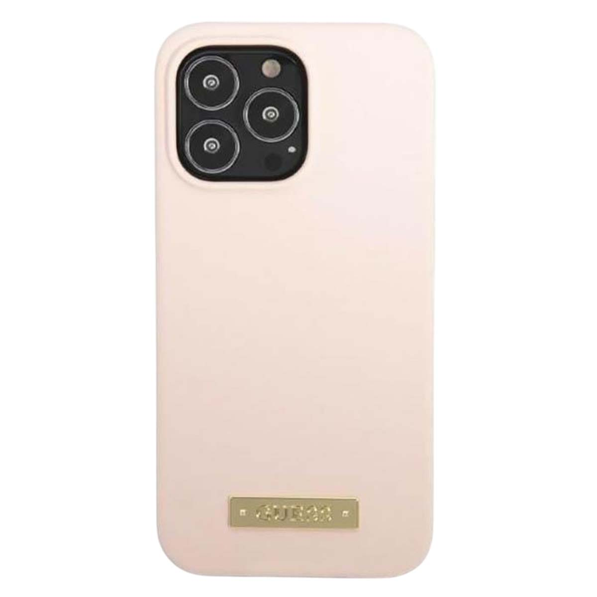 Una custodia per telefono rosa chiaro con un modulo fotocamera nero con tre obiettivi. Un'etichetta dorata con il marchio GUESS in basso.
