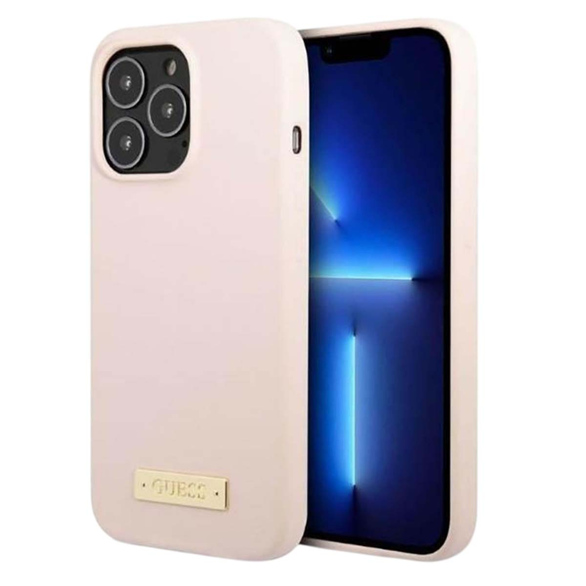 Un iPhone rosa con una custodia abbinata. Il telefono mostra uno schermo blu. La custodia ha un logo Guess dorato.