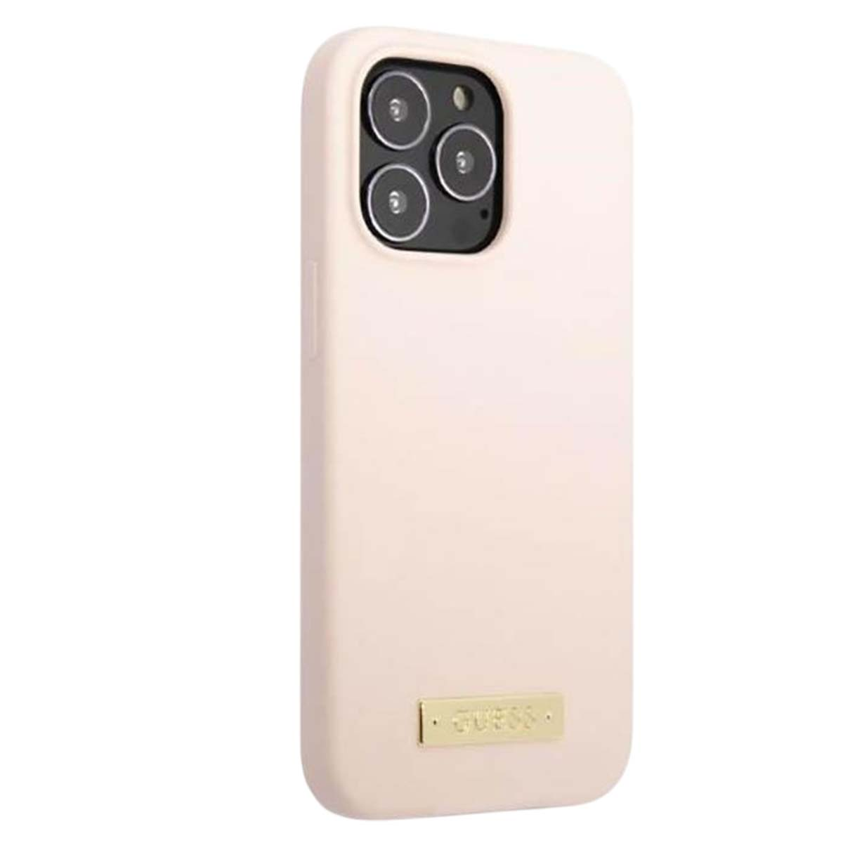 Una custodia per telefono rosa chiaro con tre lenti della fotocamera e il logo 'GUESS' dorato.