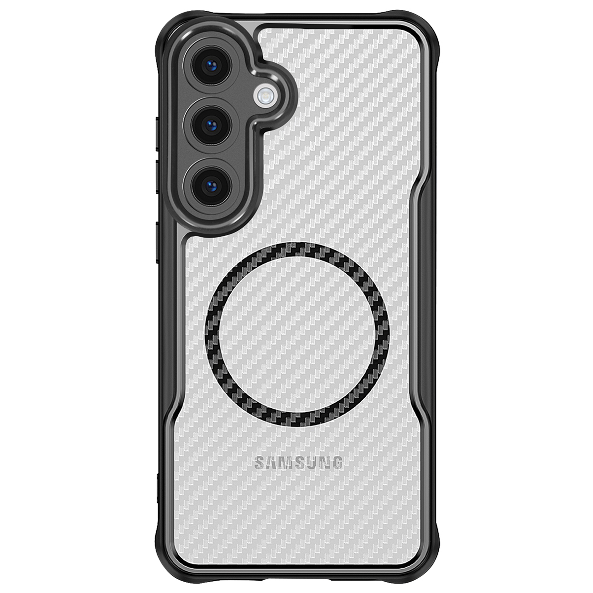 Une coque de téléphone Samsung. Elle a un cadre noir et un design en fibre de carbone blanche. La coque a un anneau noir et le logo Samsung.