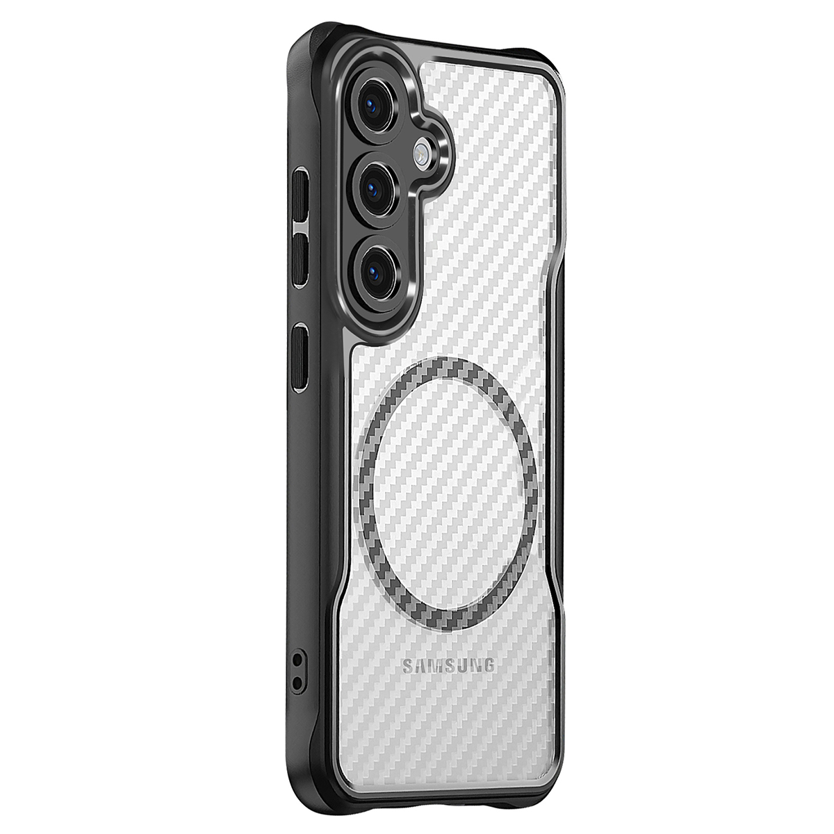 Une coque de téléphone avec un design en fibre de carbone. Elle a un cadre noir, l'arrière est blanc avec un motif gris. Le logo Samsung est visible.