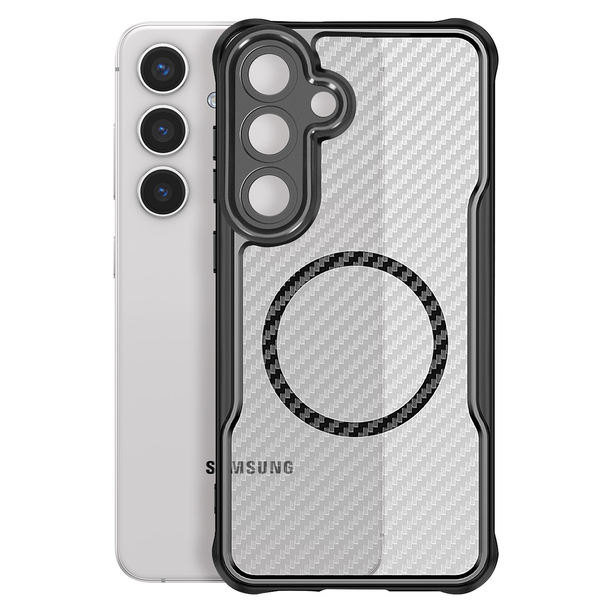 Un téléphone argenté avec une coque noire. La coque a un motif en fibre de carbone et un aimant circulaire. La caméra du téléphone est visible.