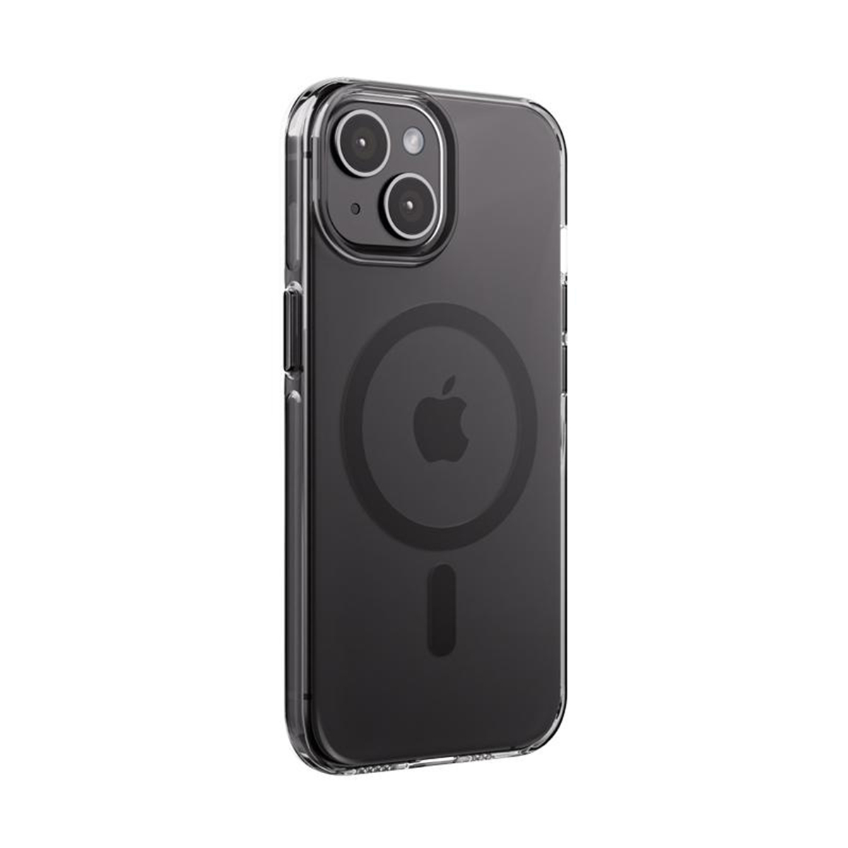Custodia trasparente per telefono su sfondo bianco. La custodia ha un retro nero con il logo Apple e ritagli per la fotocamera.