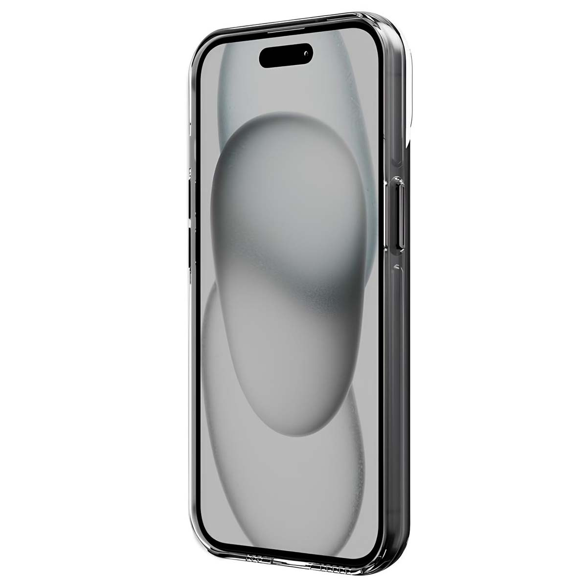 Una custodia trasparente per telefono su uno smartphone, lo schermo ha uno sfondo grigio sfocato. La custodia è trasparente con bordi neri.