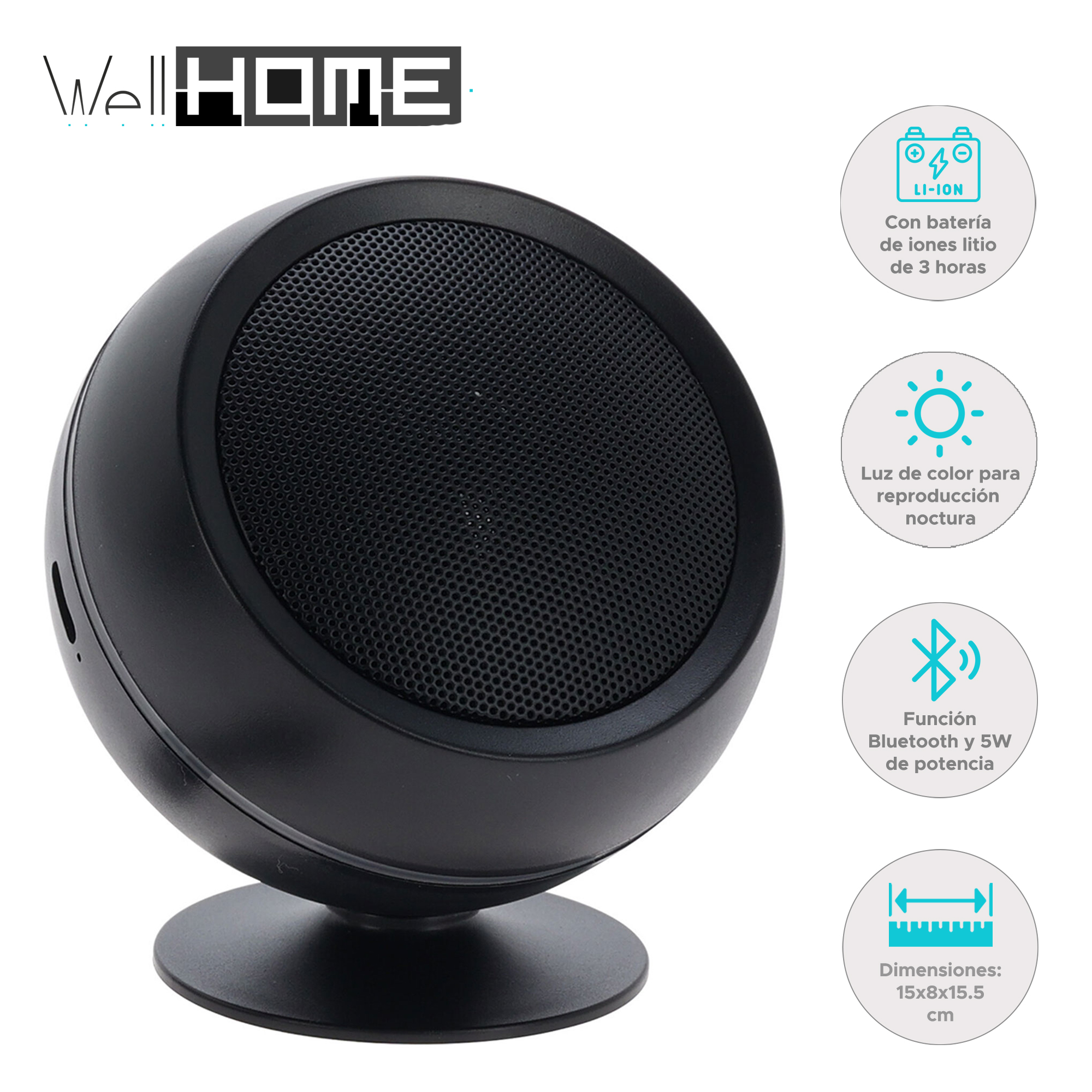 Altavoz negro esférico con frontal de malla y soporte. Texto indica Bluetooth, batería 3 horas y dimensiones.