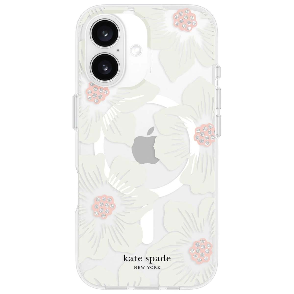Custodia trasparente per telefono con design floreale bianco. Accenti di gemme rosa al centro dei fiori. Il telefono ha due fotocamere e il logo Kate Spade.