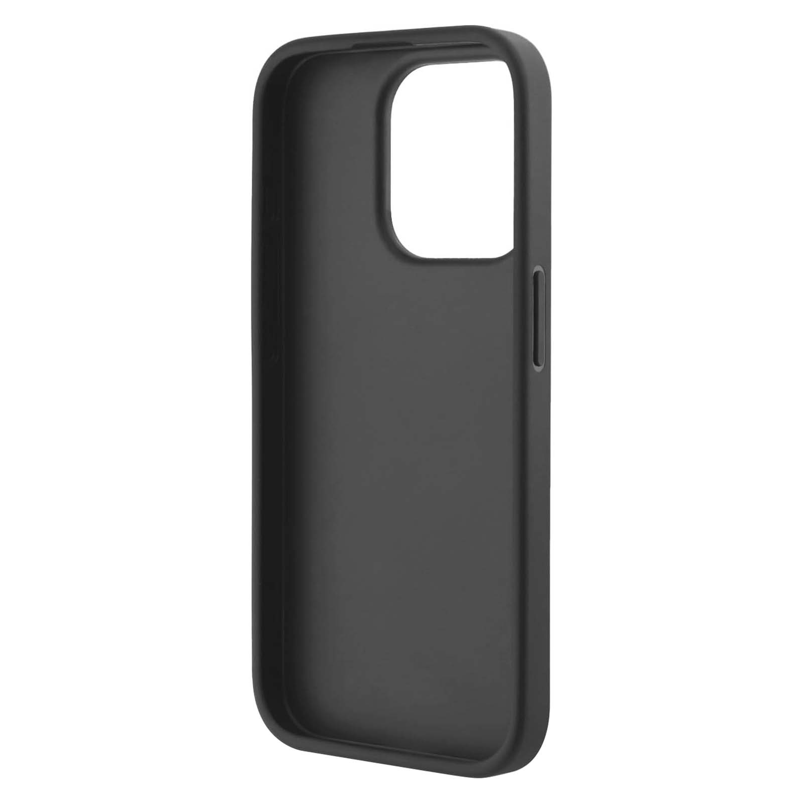 Una custodia nera per telefono con un ritaglio per la fotocamera. Un ritaglio per il pulsante del volume. Lo sfondo è bianco.