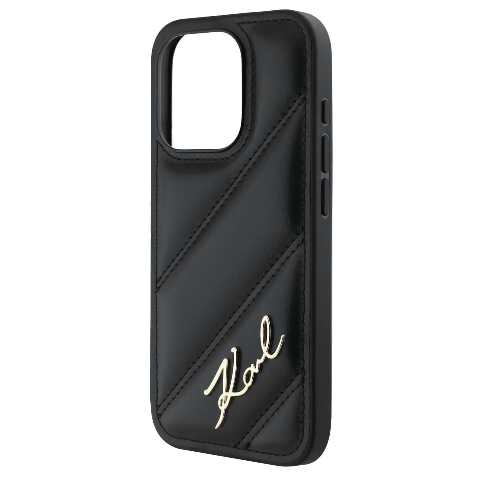 Custodia nera per telefono con logo Karl dorato. Design trapuntato e fori per fotocamera e pulsanti.