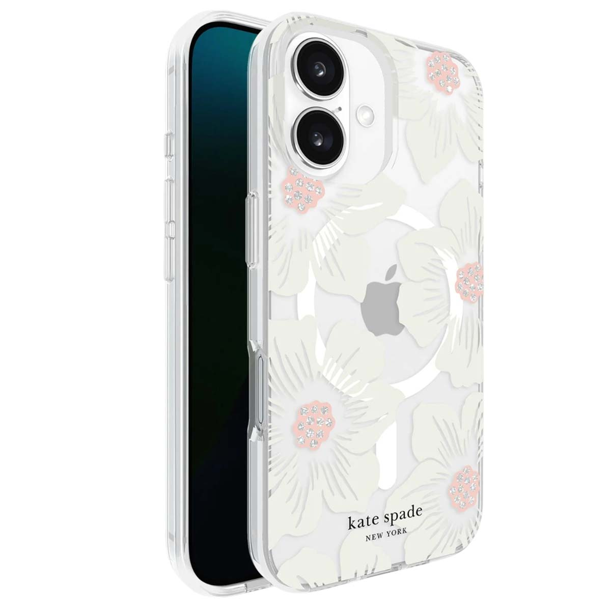 Custodia trasparente per telefono con design floreale bianco, logo Apple e logo Kate Spade. Lo schermo è nero.