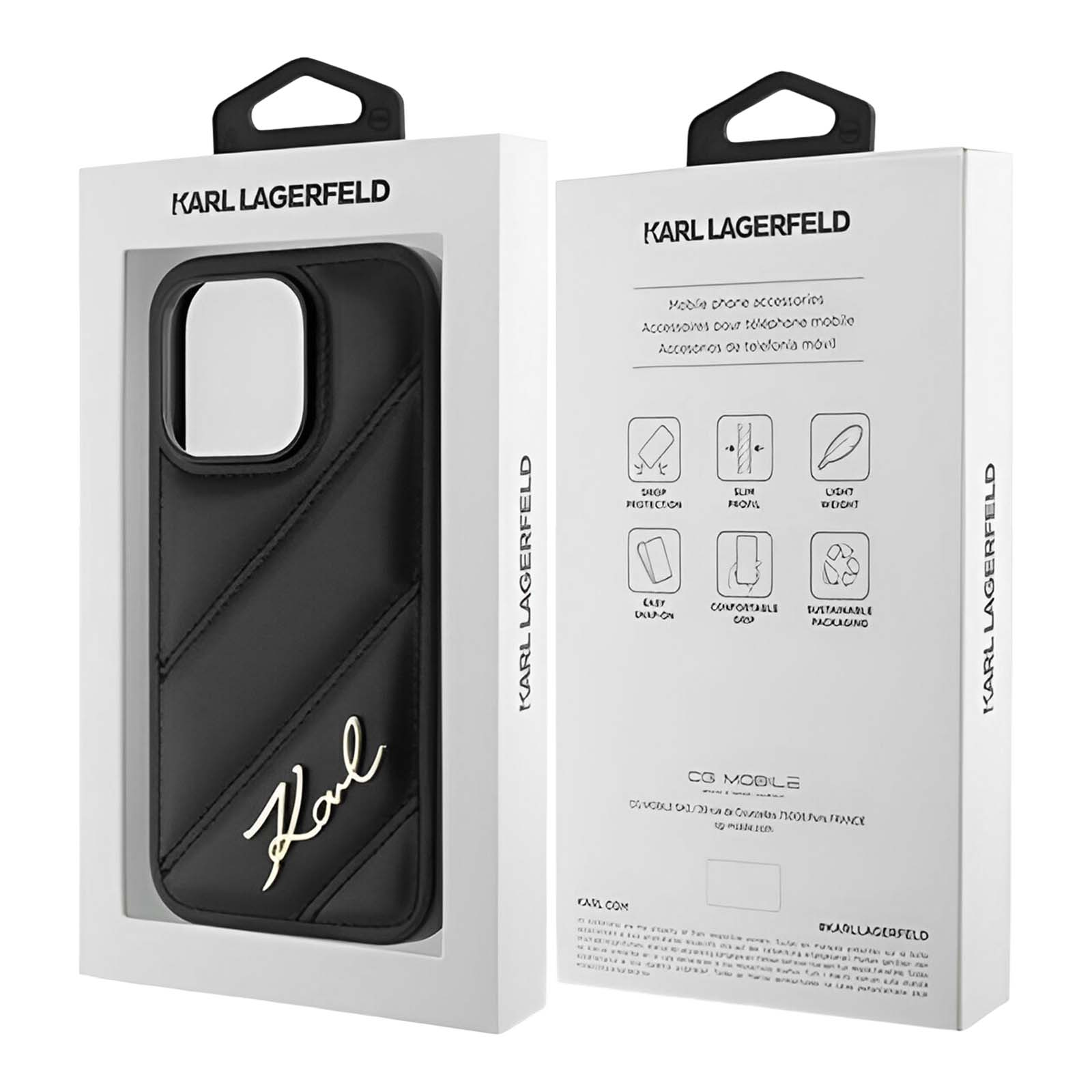 Custodia per telefono nera in una scatola. Logo 'Karl' dorato sulla custodia. Scatola bianca con marchio 'Karl Lagerfeld'.