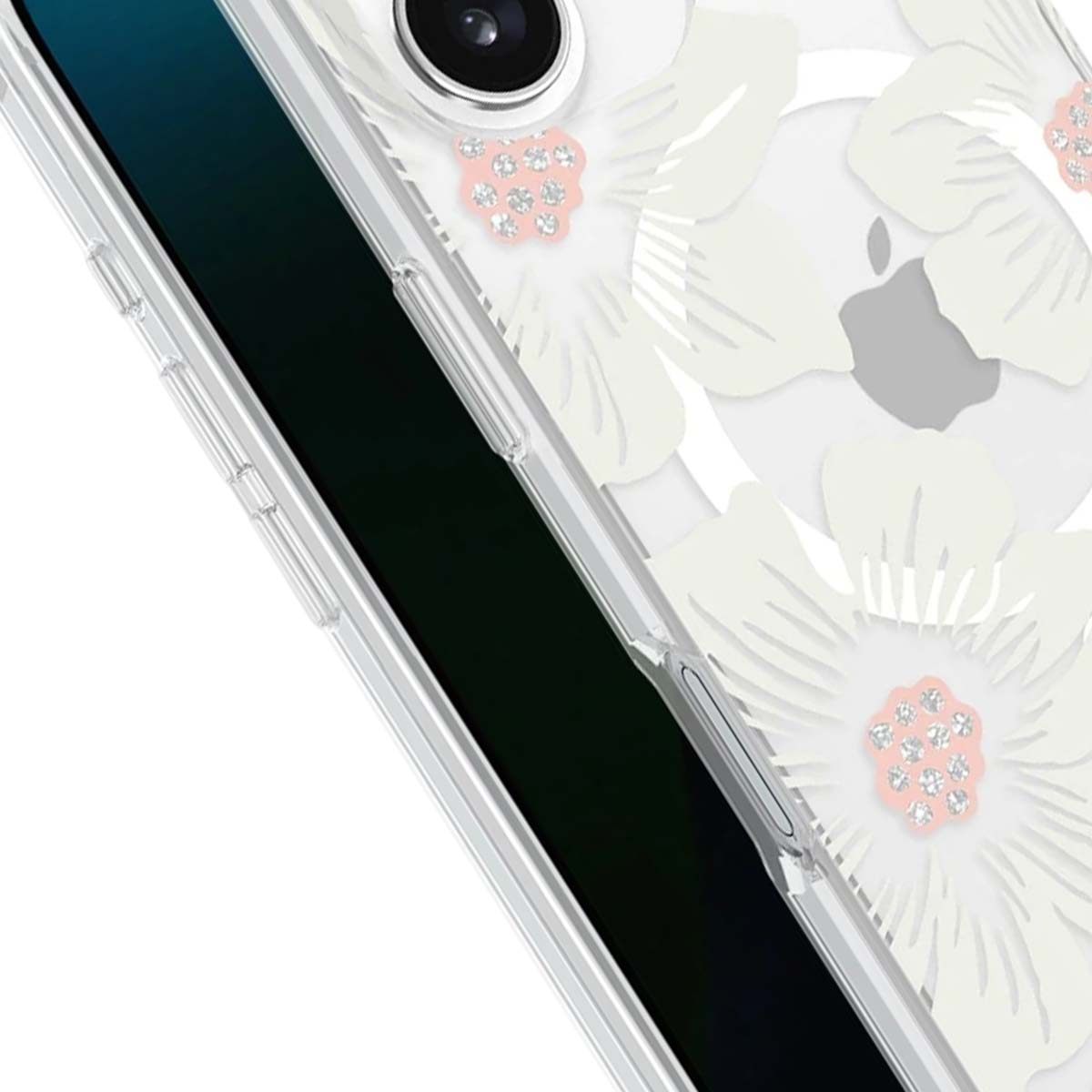 Custodia trasparente per telefono con design floreale bianco. Lo schermo del telefono è nero. Fotocamera e pulsanti visibili.