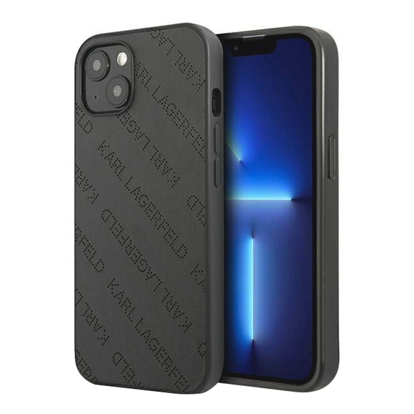 Schwarze Handyhülle mit Karl Lagerfeld-Logo. Das Telefon zeigt einen blauen Bildschirm. Der Hintergrund ist weiß.