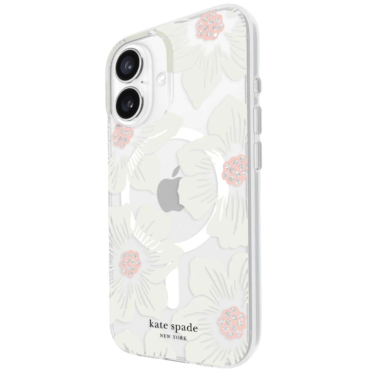 Custodia trasparente per telefono con design floreale bianco e centri con strass rosa. La custodia ha un logo kate spade.