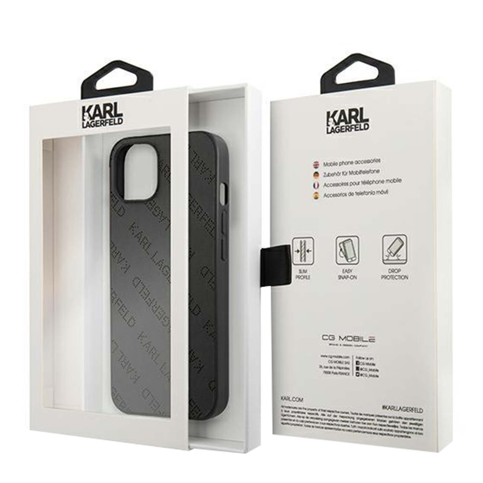 Eine Handyhülle in einer weißen Box. Die Hülle ist schwarz und die Box hat das Karl Lagerfeld Logo.