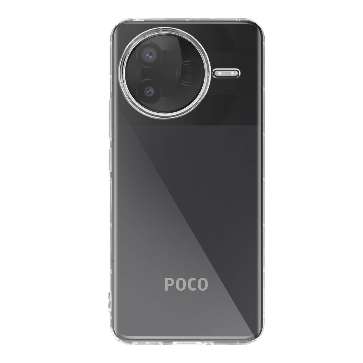 Uno smartphone nero con custodia trasparente. Ha un modulo fotocamera circolare e il logo POCO. La custodia ha un bordo trasparente.