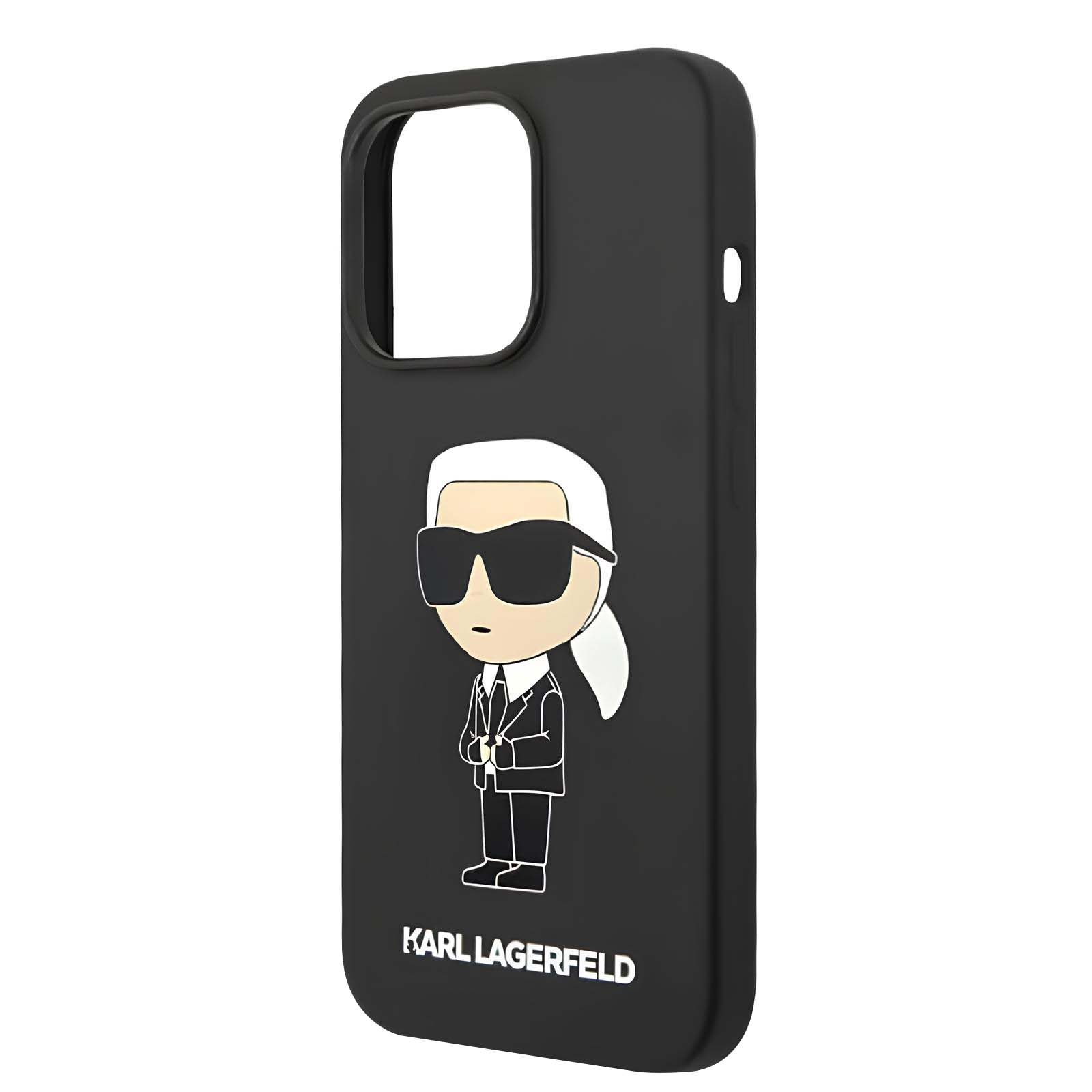 Schwarze Handyhülle mit Karl Lagerfeld Design: Cartoonfigur, Sonnenbrille, weißer Anzug. Markenname unten.