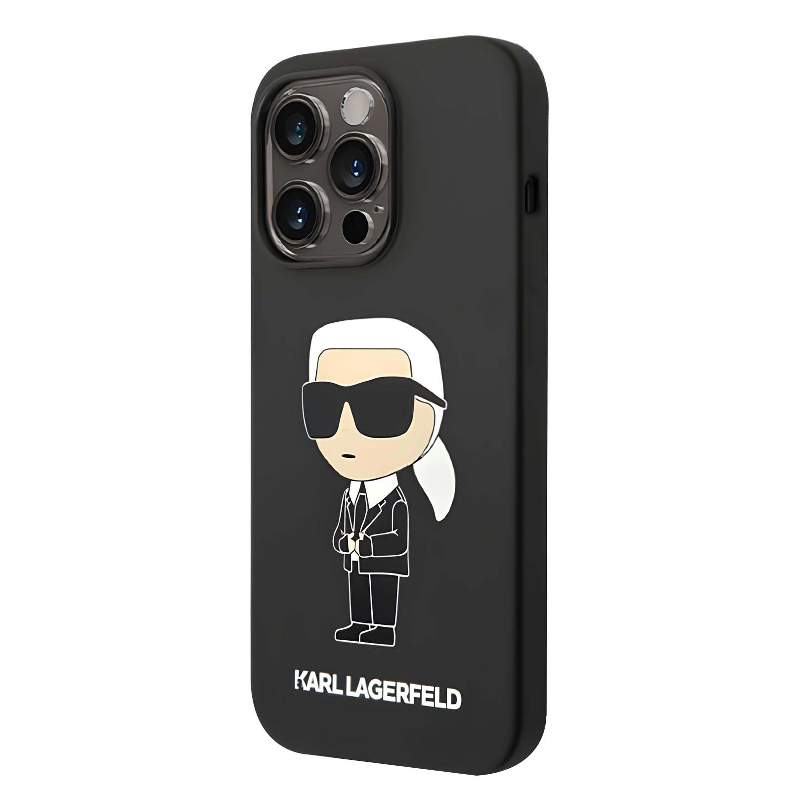 Schwarze Handyhülle mit einer Cartoon-Figur von Karl Lagerfeld. Auf der Hülle ist der Markenname aufgedruckt.