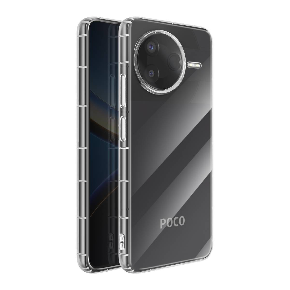 Una custodia trasparente per telefono Poco. La custodia è trasparente, mostrando il design e le funzioni della fotocamera del telefono.