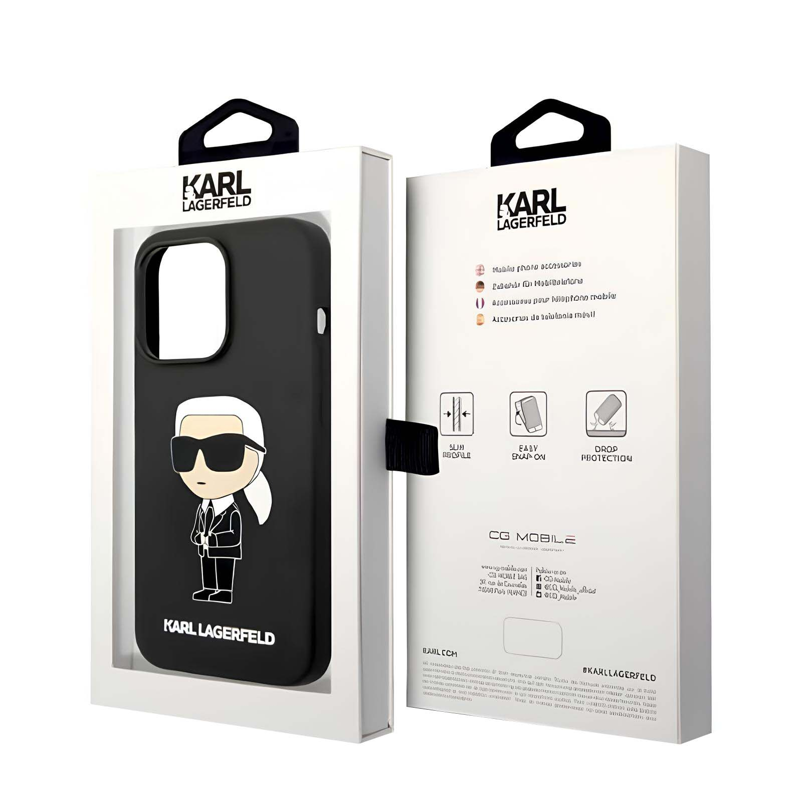 Eine Handyhülle in einer Schachtel. Die Hülle ist schwarz mit dem Karl Lagerfeld Logo. Die Schachtel ist weiß mit Text und Logos.