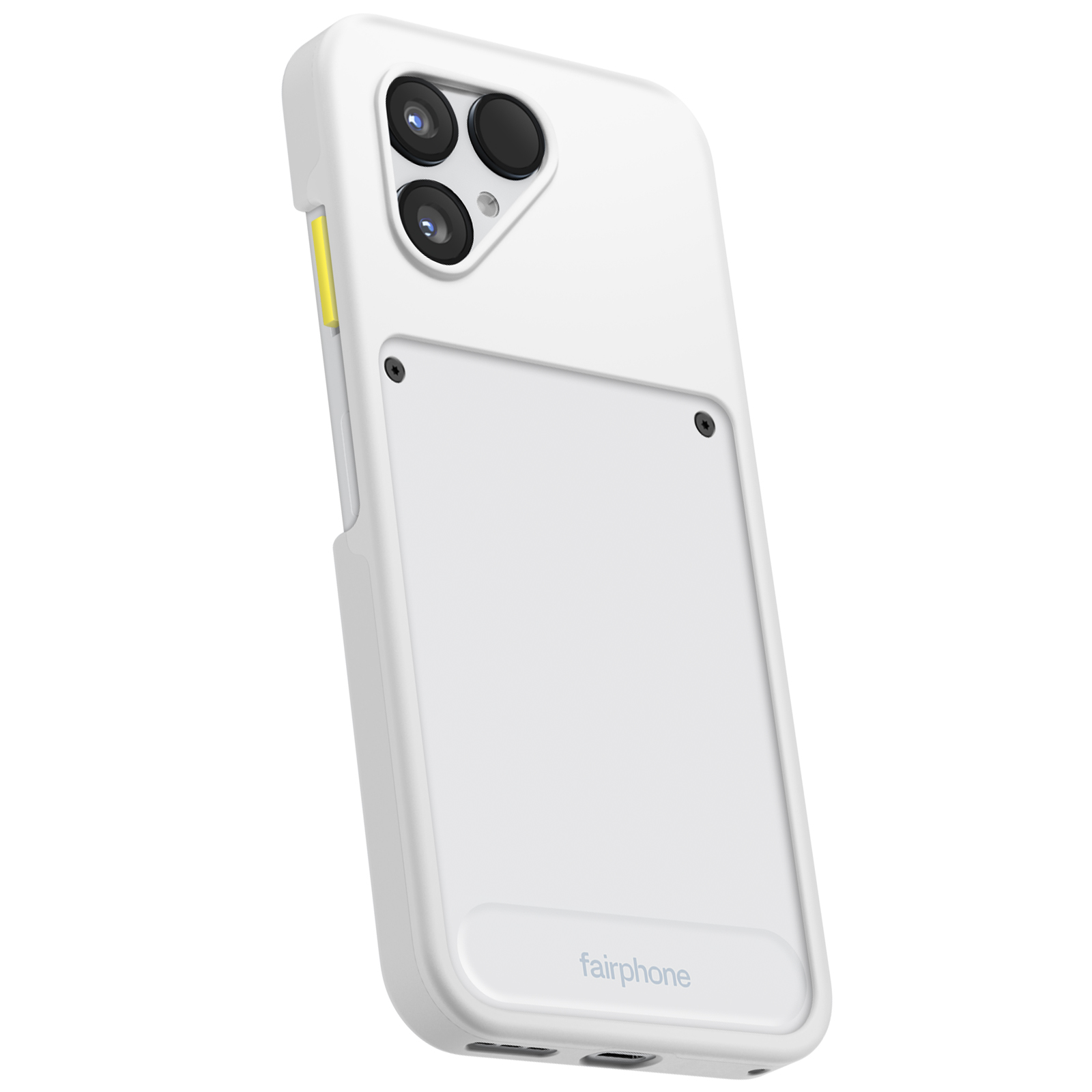 Weiße Fairphone-Hülle. Sie hat Kameraausschnitte und ein Logo. Kleiner gelber Akzent an der Seite. Schwarze Schrauben sind sichtbar.