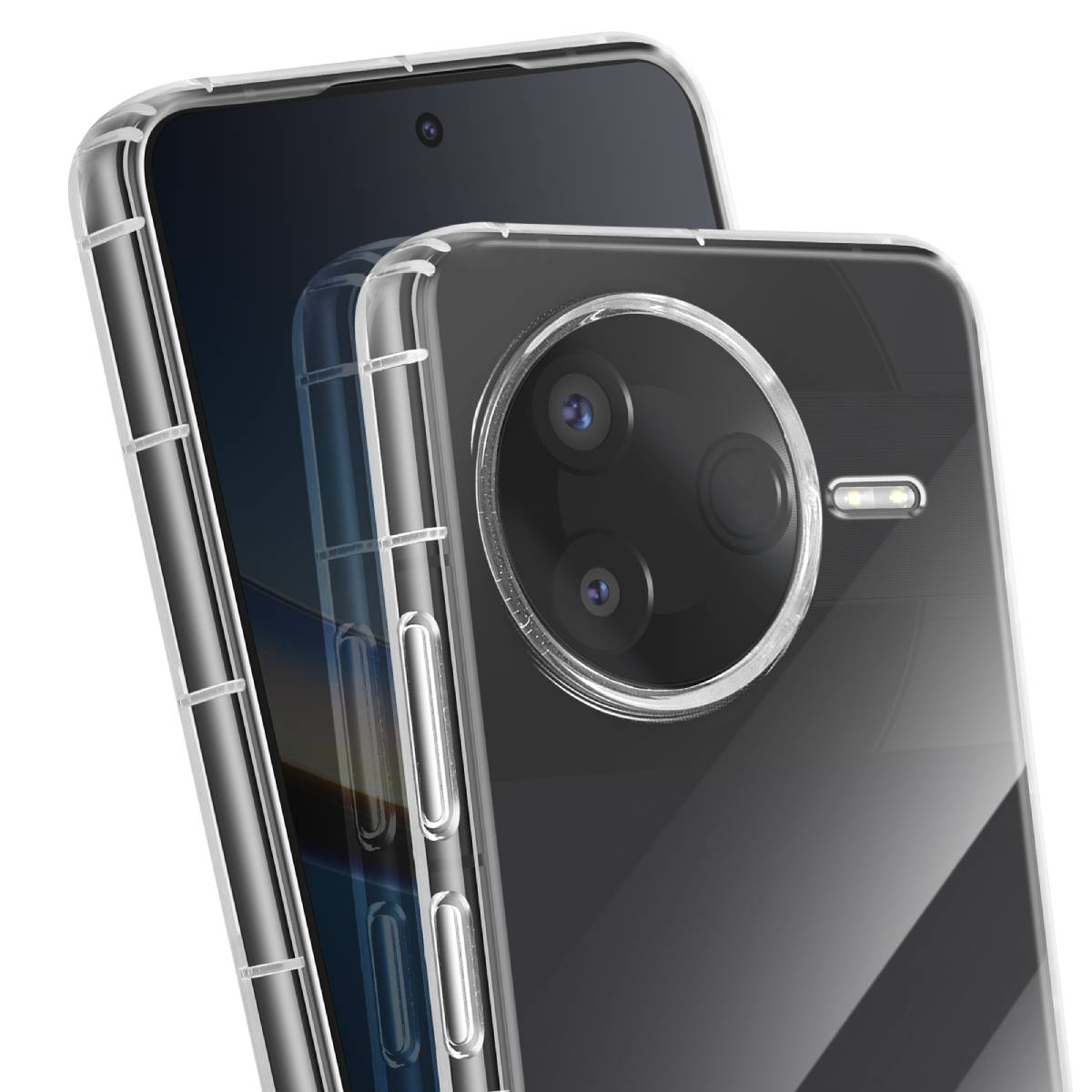 Sono mostrati due smartphone con custodie trasparenti. Uno ha una matrice di fotocamere, l'altro una fotocamera anteriore. Entrambi sono in custodie trasparenti.