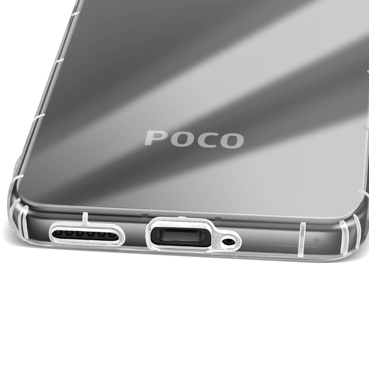 Custodia trasparente per telefono con logo POCO. Realizzata in plastica trasparente con fori per porte e fotocamera.