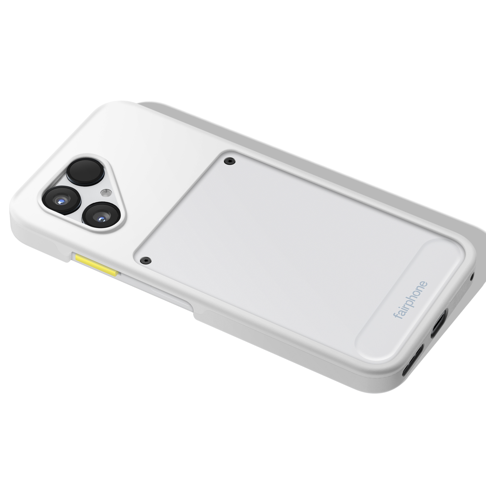 Weiße Fairphone-Handyhülle. Merkmale Kameralinsen und ein rechteckiges Design. Das Fairphone-Logo ist sichtbar.