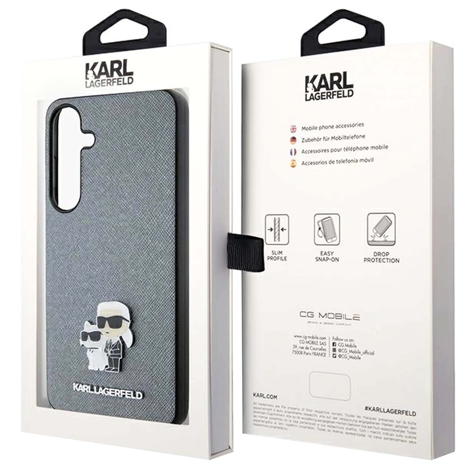 Eine Karl-Lagerfeld-Handyhülle in ihrer Verpackung. Die Hülle ist grau mit einem Cartoon-Design. Die Box ist weiß.