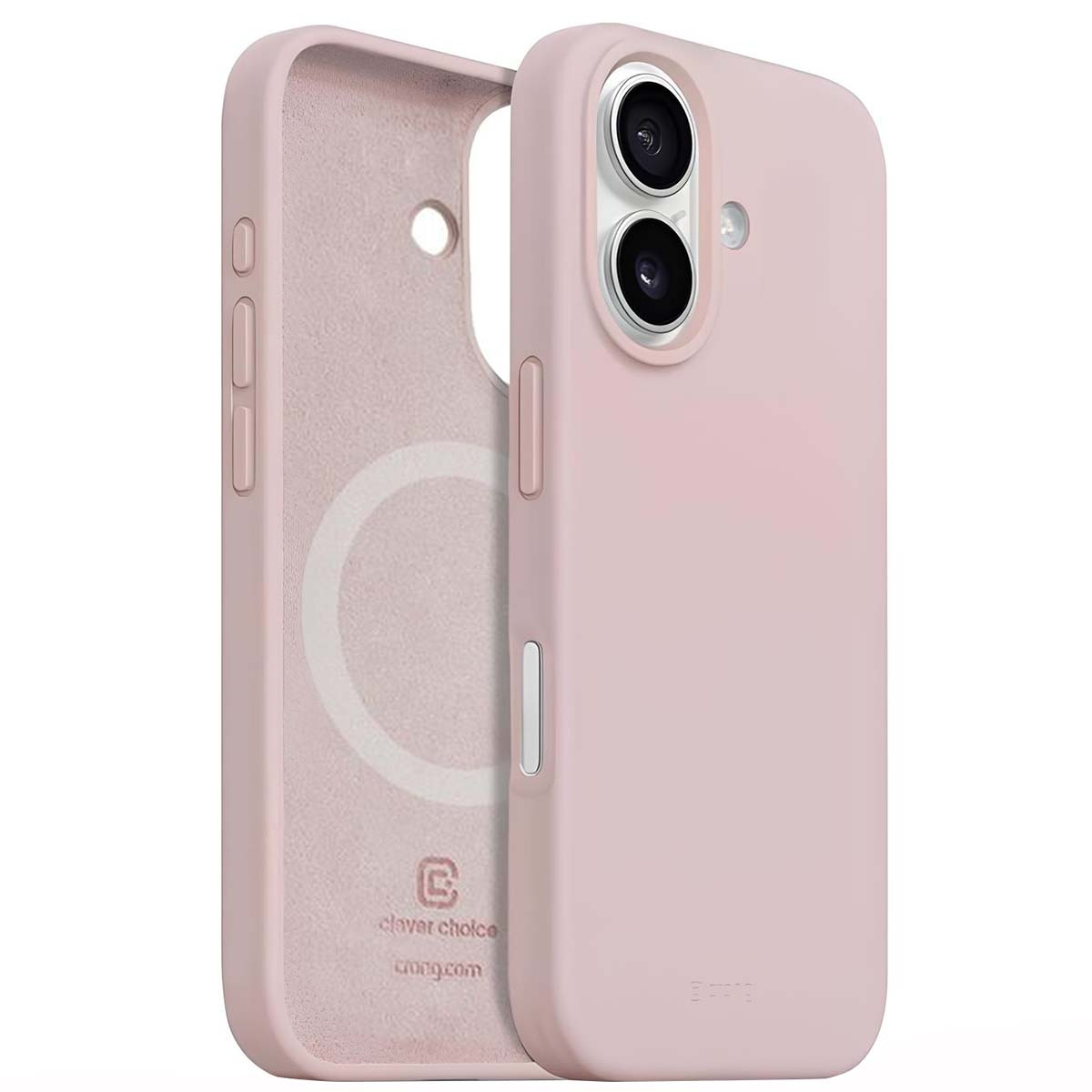 Custodia rosa per telefono in due parti. Una con fotocamera e pulsanti, l'altra con logo e testo. La custodia è per un telefono.