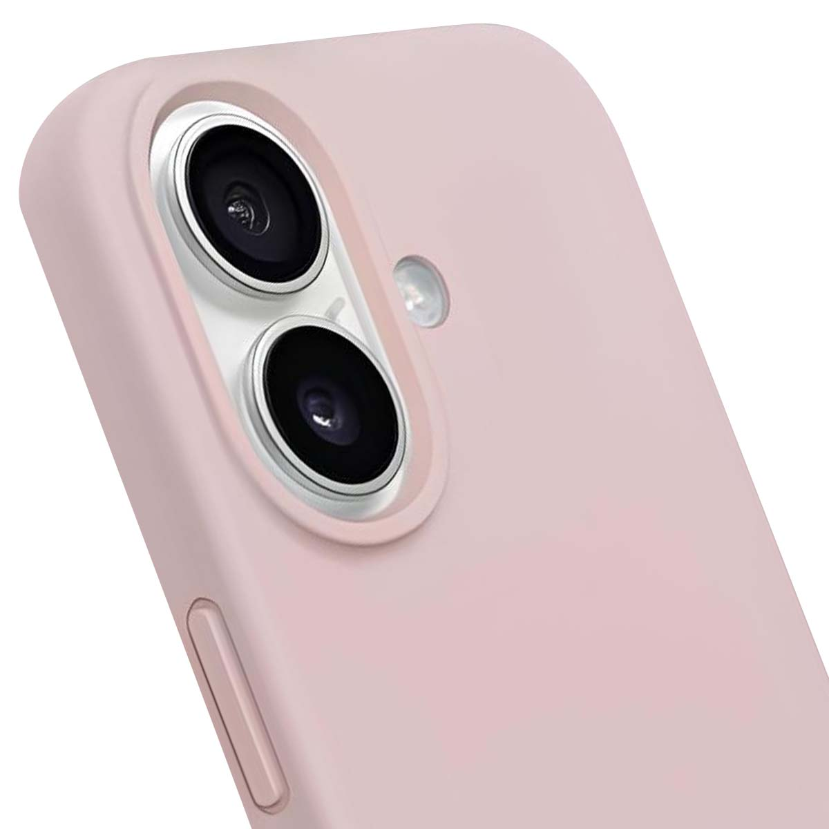 Primo piano di una custodia rosa per telefono con due lenti della fotocamera e un flash. La custodia è liscia e ha un pulsante laterale.
