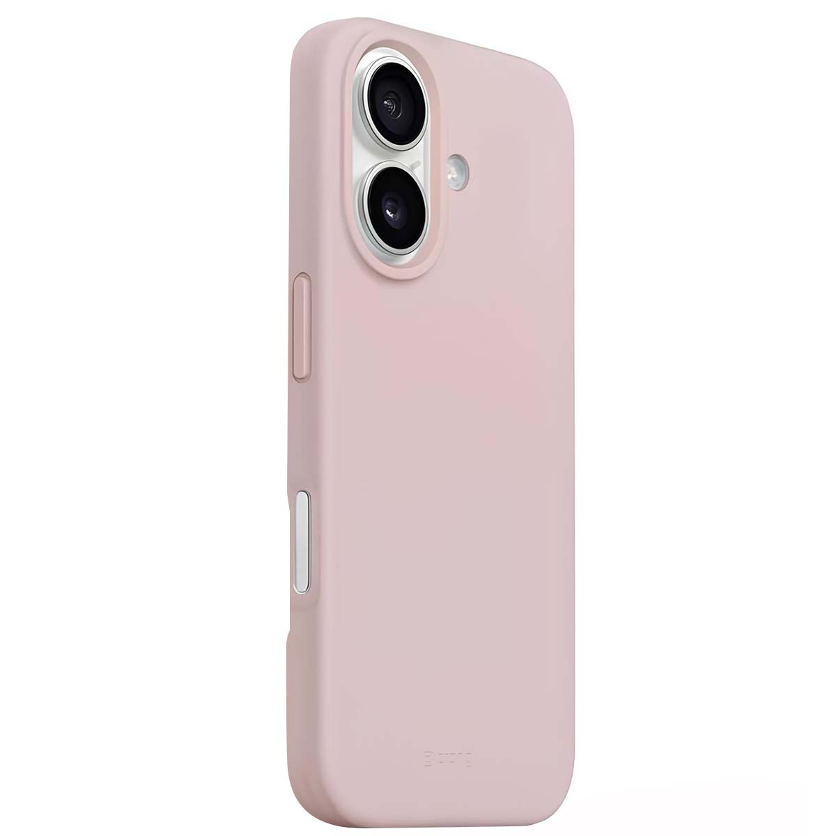 Una custodia per telefono rosa chiaro con due obiettivi della fotocamera visibili. La custodia ha una texture liscia e un pulsante laterale.