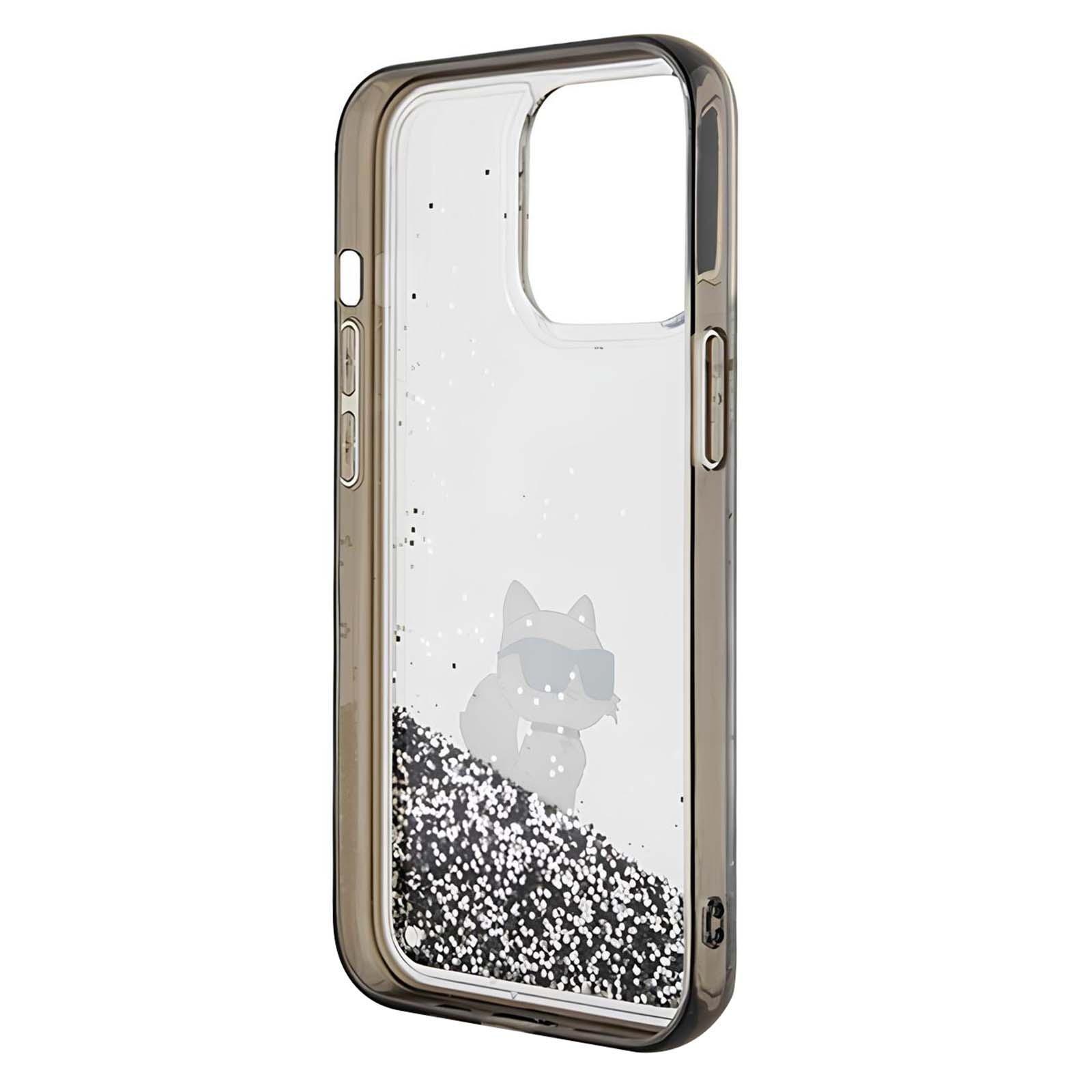 Custodia trasparente per telefono con gatto con occhiali da sole e glitter. Cornice scura. Glitter grigi e argentati sul fondo.