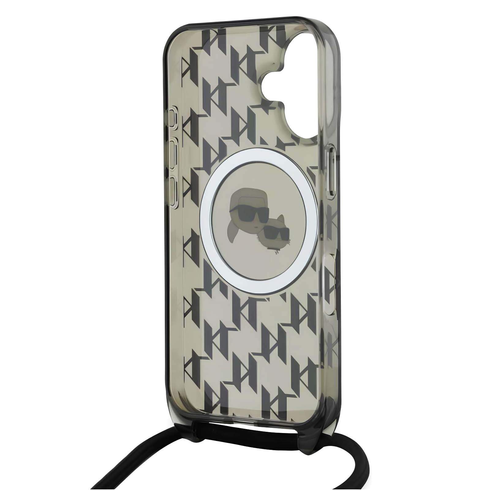 Funda transparente con correa negra. La funda tiene un patrón y un logotipo circular con una figura de dibujos animados.