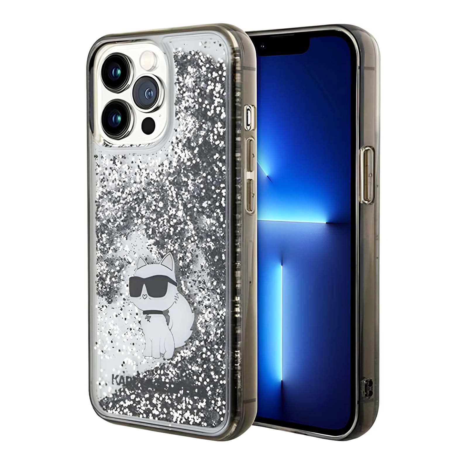 Una custodia per telefono con un gatto con occhiali da sole e un telefono con schermo blu. La custodia ha brillantini.