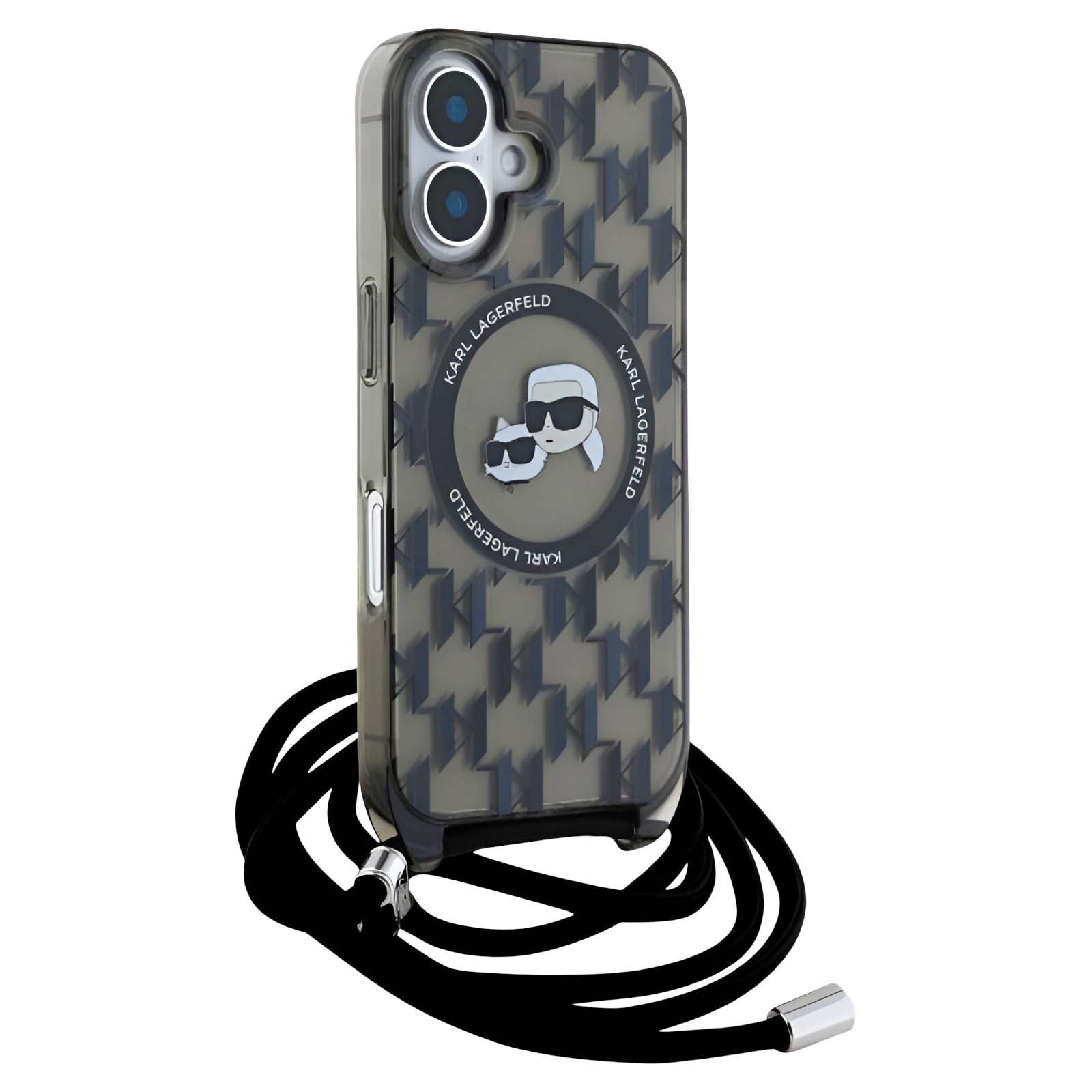 Una funda de teléfono con el logo de Karl Lagerfeld y una correa negra. La funda es transparente con un patrón.