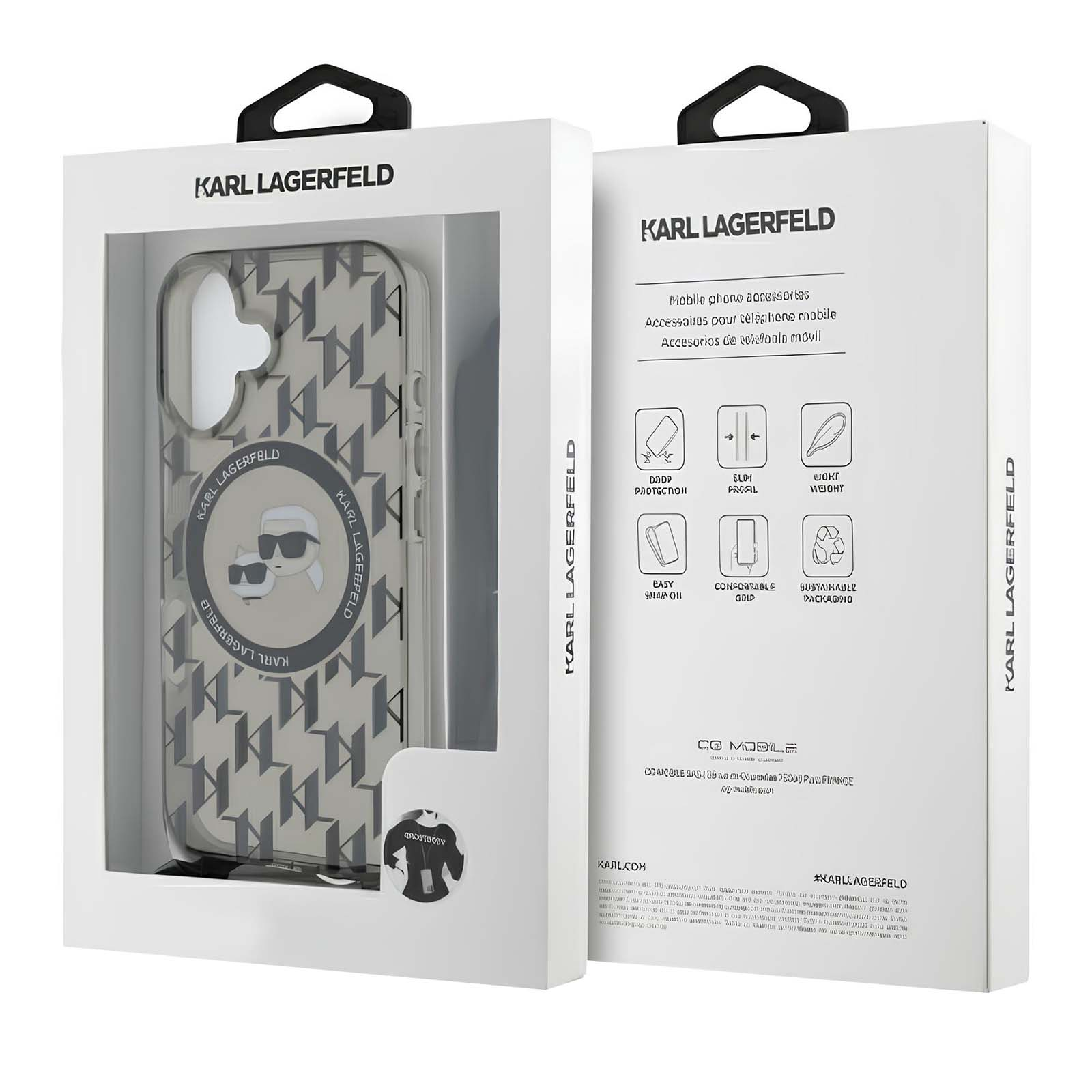 Una funda de teléfono Karl Lagerfeld se muestra en su embalaje. La funda es transparente con un patrón.