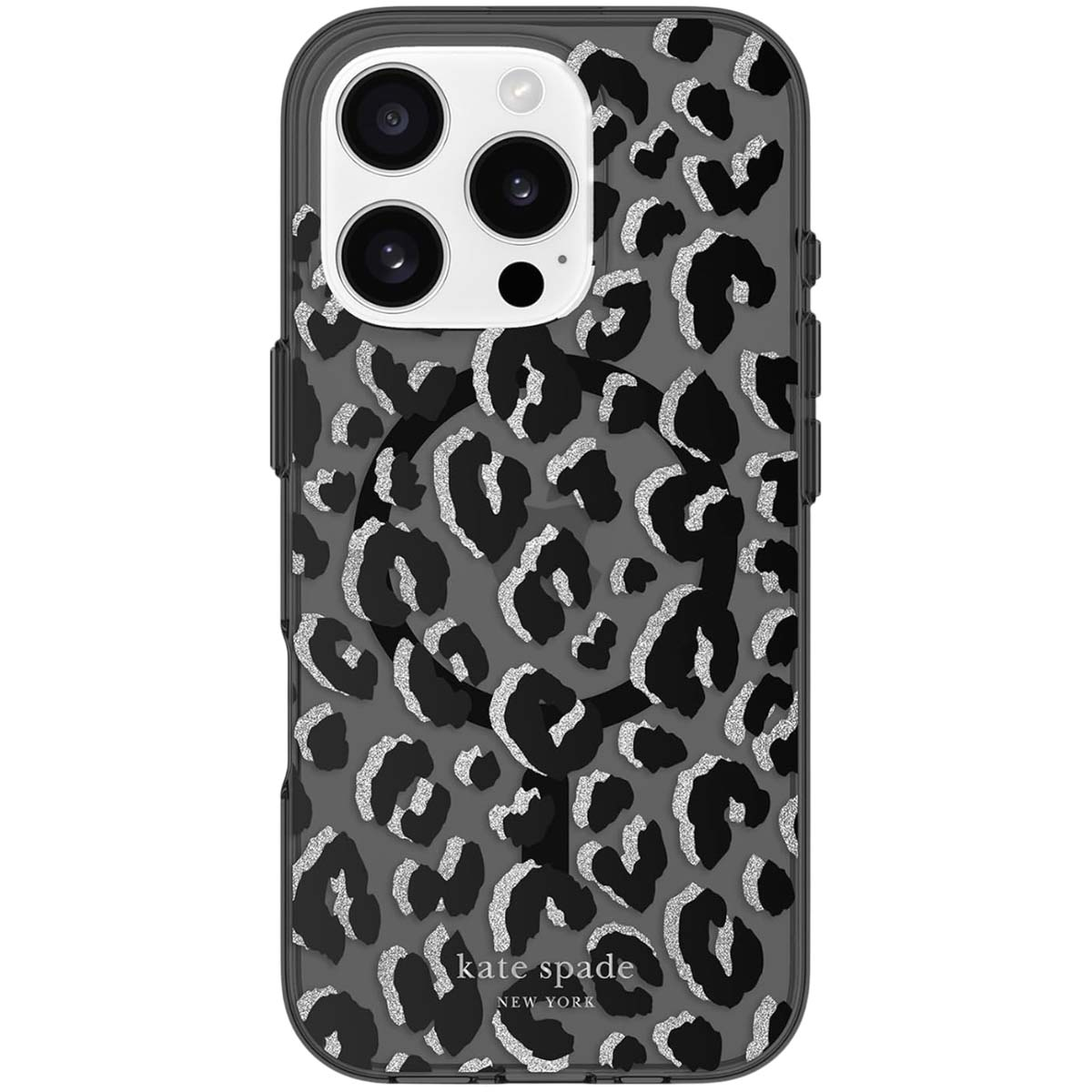 Una custodia per telefono con un motivo leopardato nero e argento. La custodia ha un logo Kate Spade e un modulo fotocamera.