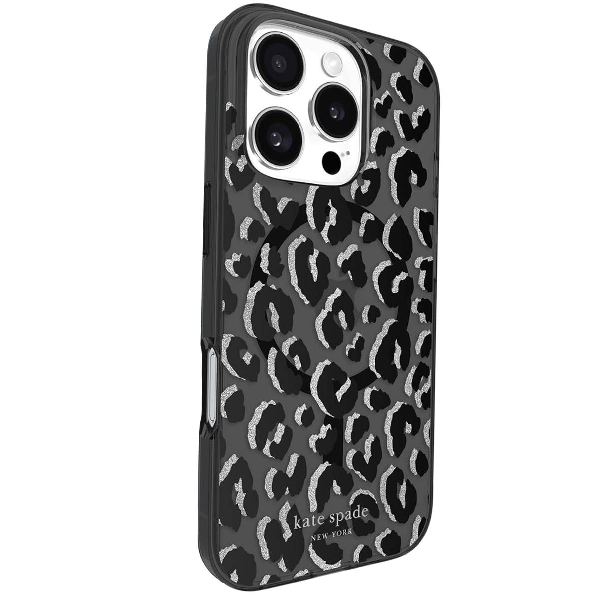 Custodia per telefono con motivo leopardato. Macchie nere e grigie con glitter argentati. La custodia ha un logo Kate Spade New York.