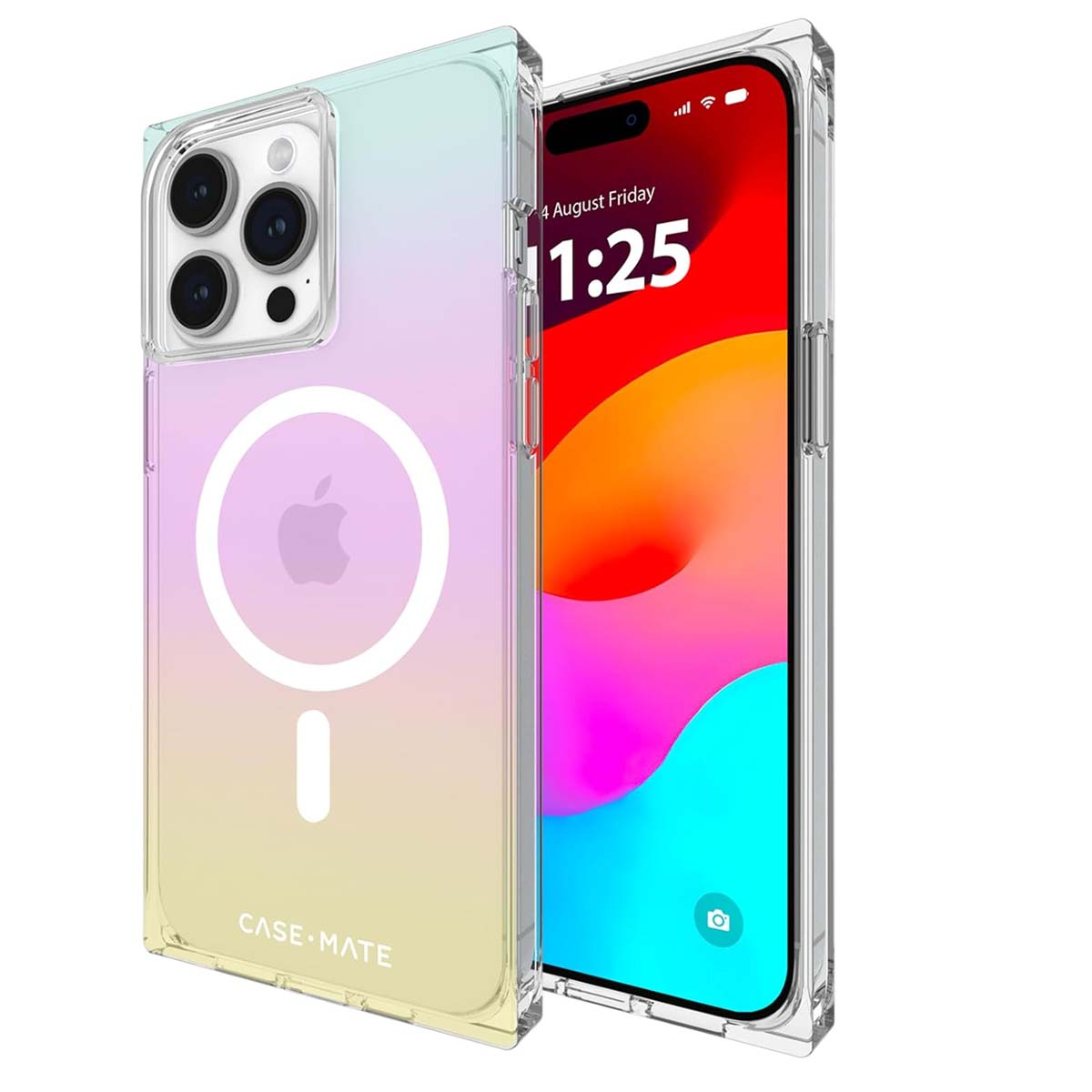 iPhone in una custodia colorata. Lo schermo mostra la data e l'ora. La custodia ha un anello MagSafe e il logo Case-Mate.