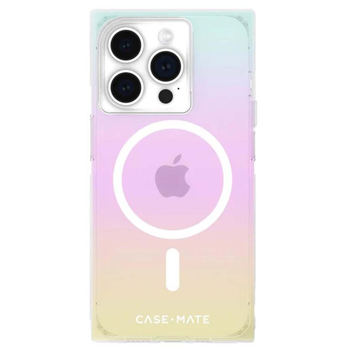 Custodia per iPhone con ritaglio per fotocamera, logo Apple e marchio Case Mate. La custodia ha una sfumatura di colori dal giallo al blu.