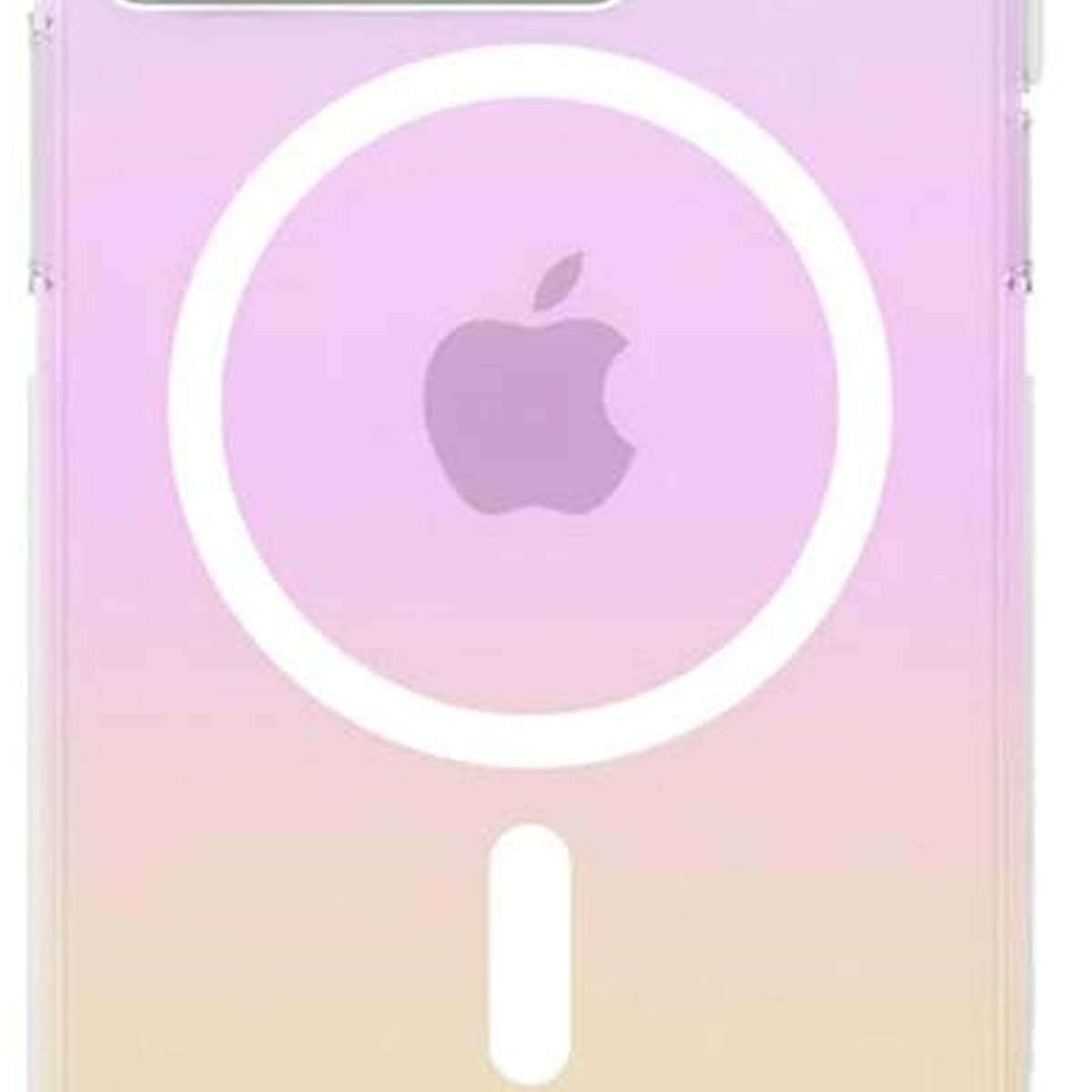 Custodia trasparente per telefono con sfondo sfumato. Logo Apple al centro, cerchio bianco attorno. Simbolo meno bianco in basso.