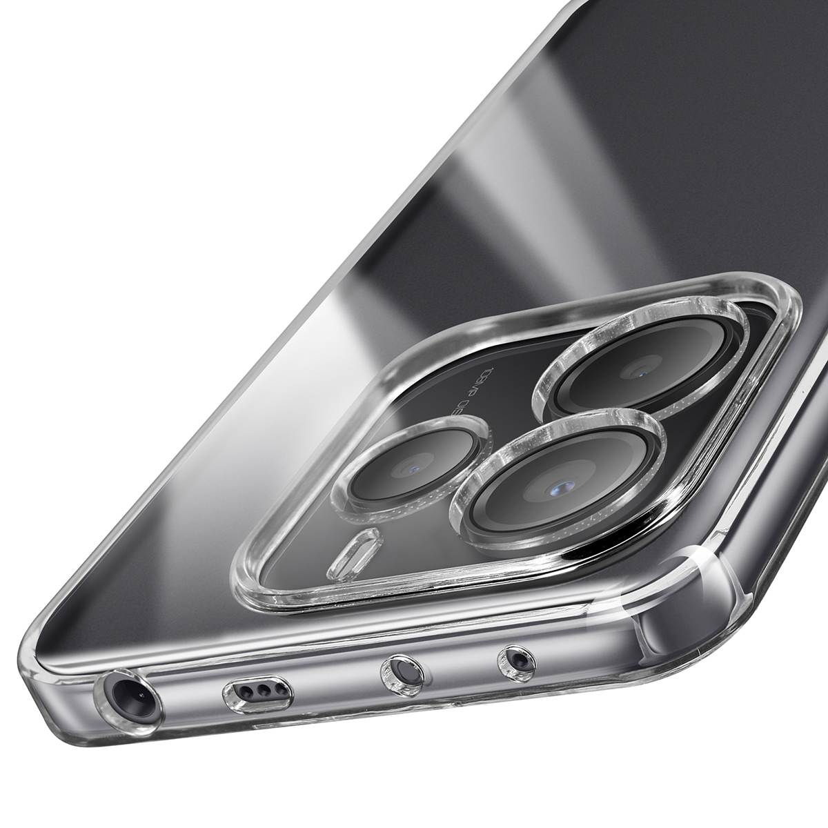 Transparante telefoonhoes met meerdere cameralenzen zichtbaar. De hoes is transparant, de achterkant van de telefoon grijs.