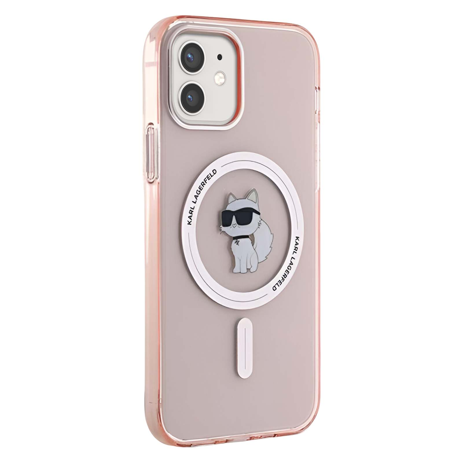 Custodia per telefono con cornice rosa, retro grigio e cerchio bianco con gatto con occhiali da sole. Il telefono ha due fotocamere.