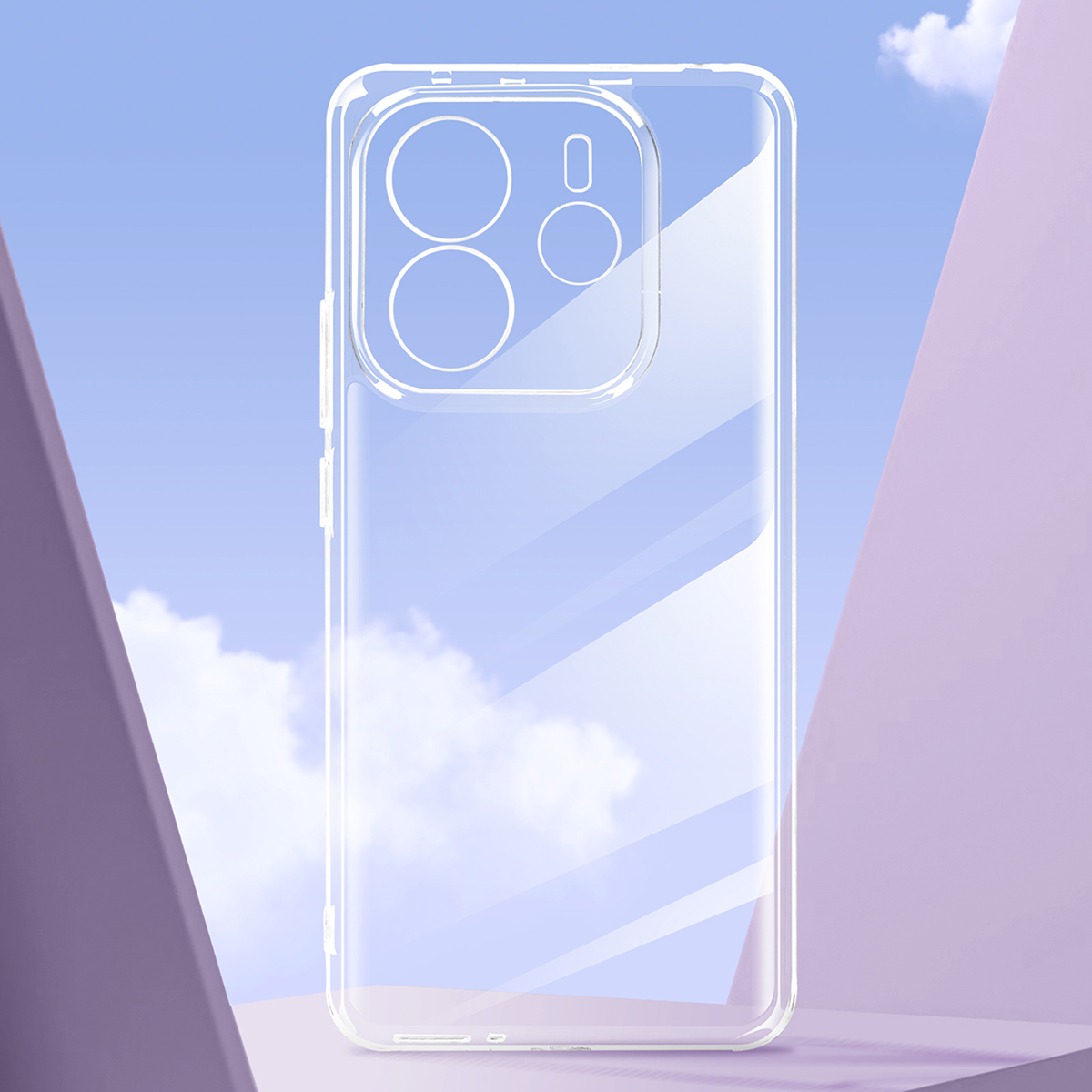 Een transparante telefoonhoes wordt weergegeven tegen een achtergrond van een blauwe lucht met wolken en een paarse geometrische vorm.