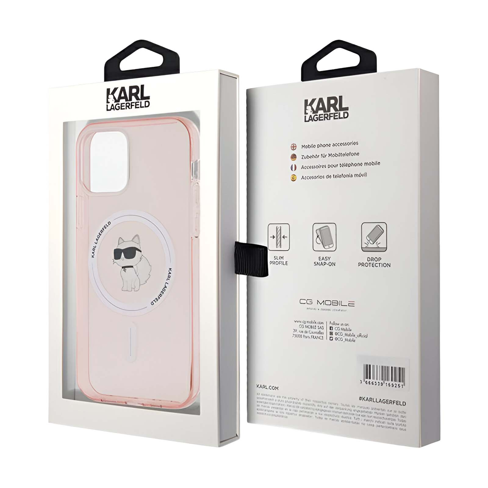 Custodia rosa per telefono in una scatola bianca. Il logo Karl Lagerfeld è sulla custodia e sulla scatola.
