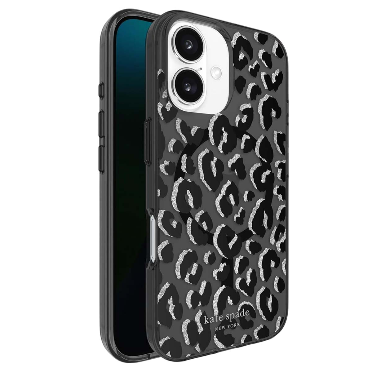 Una custodia per telefono con un motivo leopardato. La custodia è nera con macchie argentate. Il telefono è nero. Il logo del marchio è visibile.