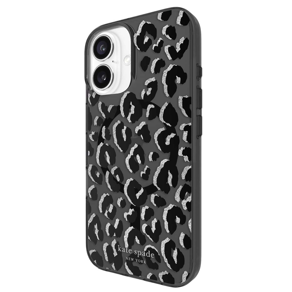 Custodia nera per iPhone con stampa leopardata. La custodia ha il logo kate spade NEW YORK.