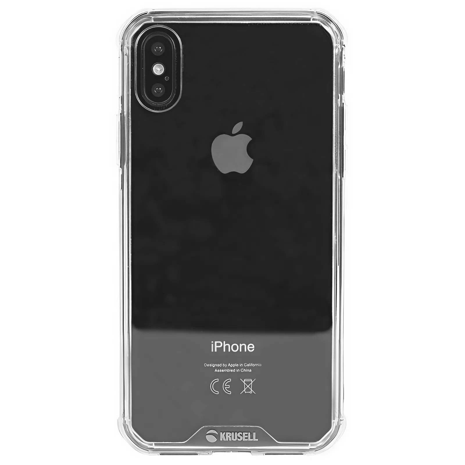 Un iPhone in una custodia trasparente. Il telefono ha uno schermo nero e il logo Apple. La custodia ha un paraurti trasparente.