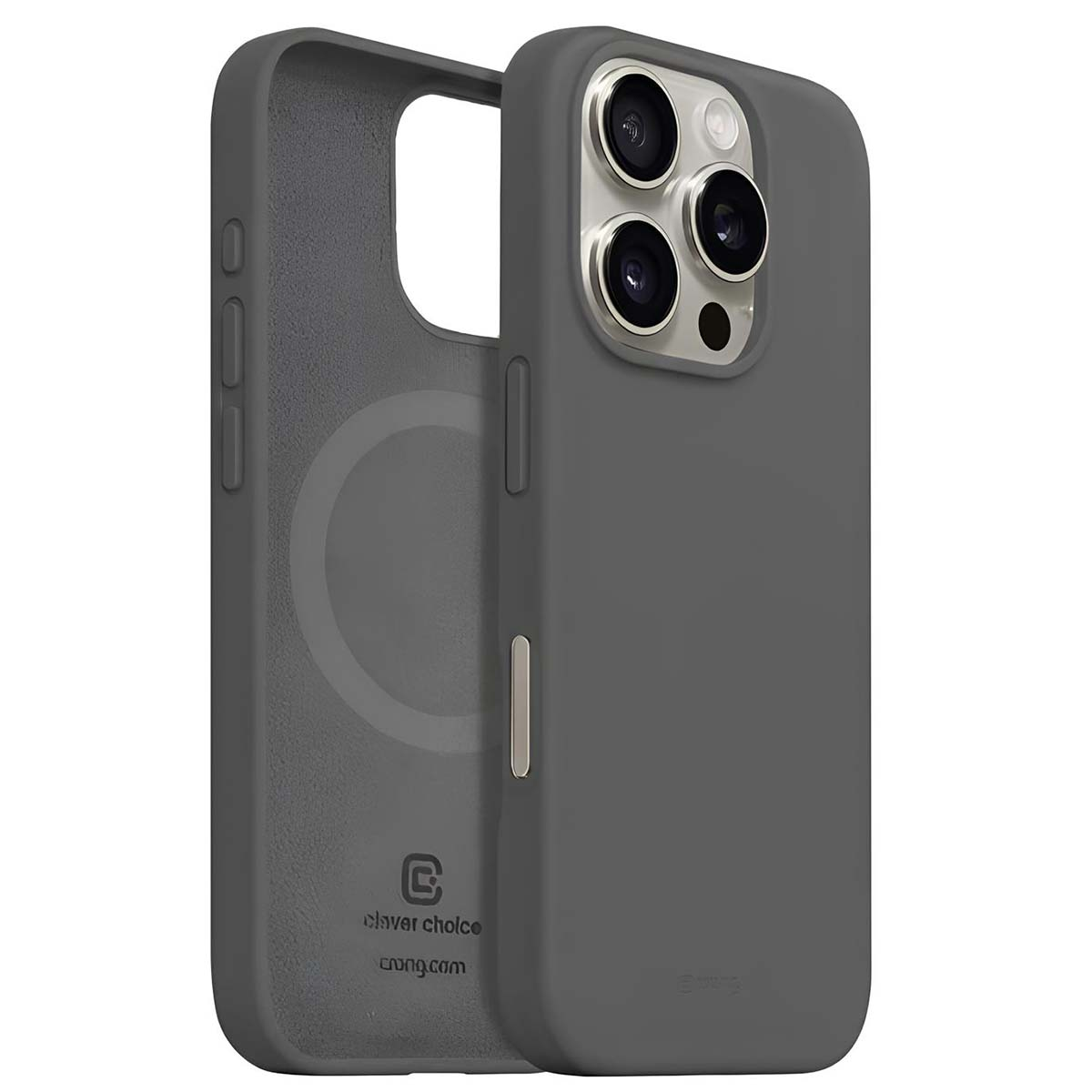 Custodia grigia per telefono con lato aperto, che mostra l'interno e l'esterno. La custodia ha ritagli per la fotocamera e un logo.
